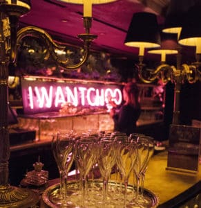 20 empty Champagne glasses in a high end club in Mayfair, London